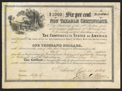 Act of February 17, 1864. $1000. Cr. 154, B-366. No. 11341. As previous. Signed by Rose. Staunton, Va. depositary. Long transfer form on back. Ink erosion in signature, uneven
toning at left, edge wear, soiling, but about VF. From The