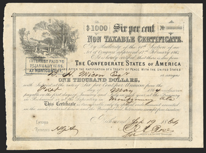 Act of February 17, 1864. $1000. Cr. 154, B-366. No. 9843 (?). As previous. Signed by Rose. Interest Paid stamp at Montgomery, Ala. Folds, irregular left edge, toning, VF.
From The Holger Dreher Collection