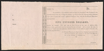 Act of February 17, 1864. $500. Cr. 162A, B-344a. Unissued. Letterpress on pink paper. Amount in center. Scroll at left. Unissued with blank stub at left. Fold, about VF+.
From The Holger Dreher Collection