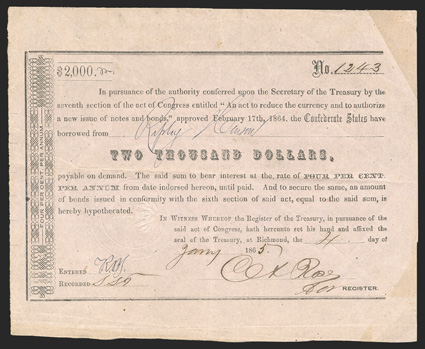 Act of February 17, 1864. $2000. Cr. 162C, B-346. No. 1243. As previous, except denomination. Signed by Rose. Folds, uneven toning, but a good VF. From The Holger Dreher
Collection