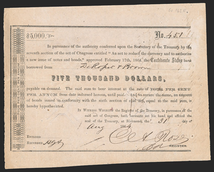 Act of February 17, 1864. $5000. Cr. 162E, B-348. No. 451. As previous, except denomination. Signed by Rose. Cut canceled. Edge wear, toning, VF. From The Holger Dreher
Collection