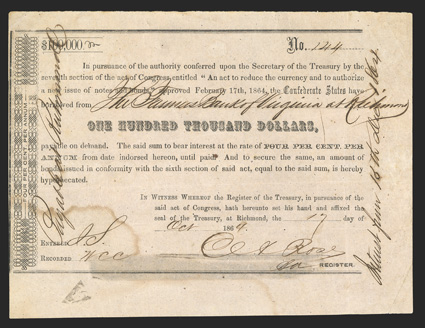 Act of February 17, 1864. $100,000. Cr. 162I, B-353. No. 144. Letterpressed on pink paper. Denomination 145mm at center. Signed by Rose. The largest denomination bond issued
by the Confederacy. Payable at Richmond  Interest from 16th Dec. 186