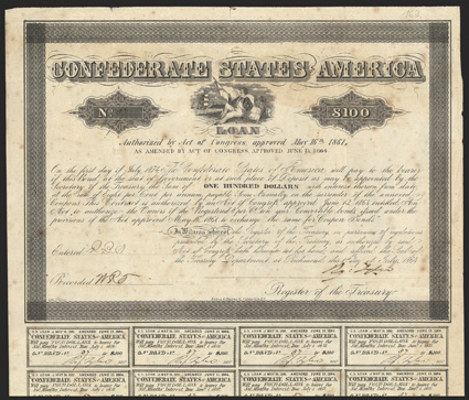 Act of June 3, 1864. $100. Cr. 163, B-381. No. 37. Vignette of a sailor holding Confederate flag and leaning against a bale of cotton. Signed by Tyler. 19 coupons below.
Imprint: F. Geese  Evans & Cogswell. Bondholders Committee and numeral 1