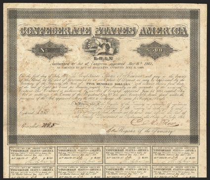 Act of June 13, 1864. $500. Cr. 164, B-382. No. 24. As previous, except denomination and signed by Rose. 19 coupons below. Well foxed, uneven toning, fold wear, a good Fine.
From The Holger Dreher Collection