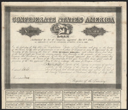 Act of June 13, 1864. $500. Cr. 164, B-383. No. 748. Similar to previous, but falsely filled in remainder. With fraudulent Rose signature. 19 coupons below. Foxed, fold wear,
VF. From The Holger Dreher Collection