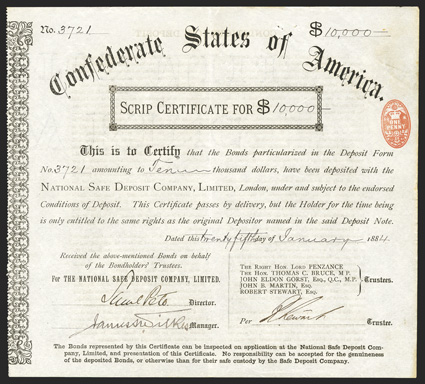 Scrip Certificate. $10,000. Cr. 175, Ball Unlisted. No. 3721. As previous. January 25, 1884. Light edge wear, fingerprint, about VF+. From The Holger Dreher
Collection