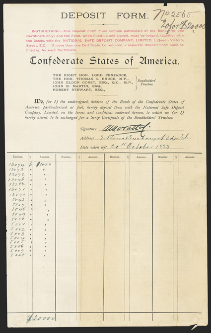 Deposit Form. Cr. 175B. No. 2565. Lists 20 bonds for $20,000, October 20, 1883. Uneven toning, edge wear at top and bottom including two small chips out, about VF. From The
Holger Dreher Collection