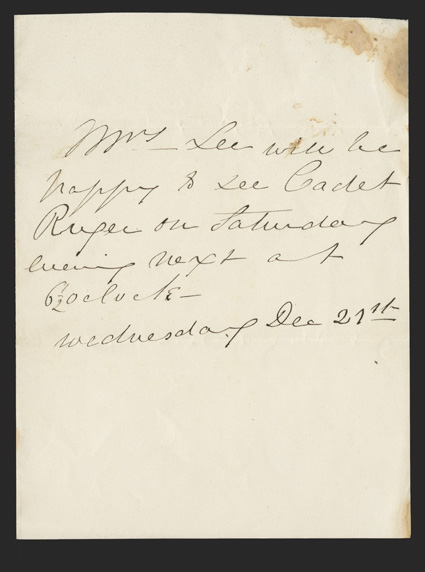 [Lee, Robert E.] Mary Custis Lee Wife of Confederate General Robert E. Lee (1808-73) great-granddaughter of Martha Washington inherited the Arlington estate that became
Arlington National Cemetary. Outstanding association Autograph Note Signe