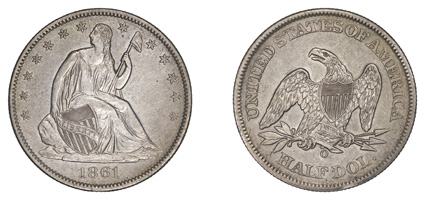 1861-O CSA Obverse 50 Cents. NGC AU Details, Improperly Cleaned. Breen-4906, WB-102. An extremely popular variety among Confederate-centric collectors as the the obverse,
identifiable by a die crack (as-struck) that runs from the rim at 11 ocl