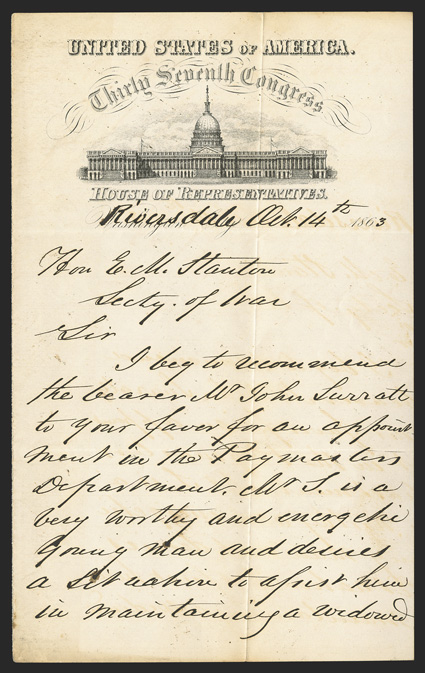 Lincoln Assassination: [John Surratt] Confederate spy and accused conspirator in the assassination of Abraham Lincoln (1844-1916) claimed to be in Elmira, NY, at the time of
the murder, after which he fled to Canada his mother, Mary Surratt, wa
