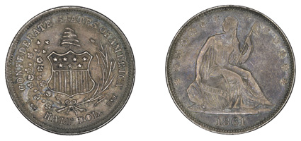 1861 Scott Restrike 50 Cents. Choice AU. Breen-8002. Silver- 12.1gms. Mintage: 500. Obv: (Original Confederate Die Obverse) Confederate shield at center with hat above and
wreath surrounding. Rev: (Original Union Obverse Die) Seated Liberty holdi