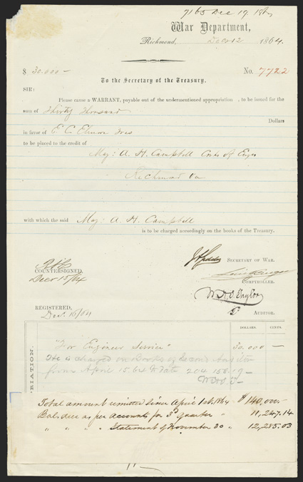 Seddon, James A.  Good Document Signed J.A. Seddon as Secretary of War, 1 page, legal folio, on imprinted War Department form, Richmond, December 12, 1864. A request to
Secretary of the Treasury George A. Trenholm for a warrant in the amo