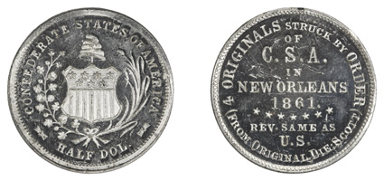 1861 (i.e. 1879) Confederate States of American Scott Token. NGC PR64. Breen-8003. White Metal. Mintage: 500. Obv: (Original Confederate Die Obverse) Confederate shield at
center with hat above and wreath surrounding. Rev: Around legends and at c