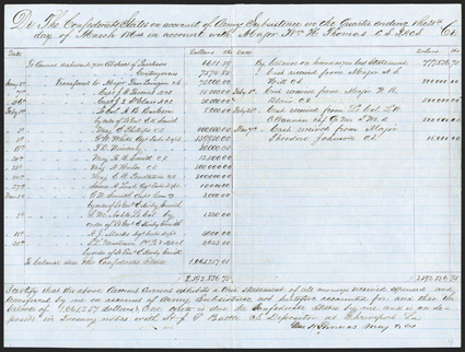 Trans-Mississippi: William H. Thomas A choice Document Signed by Chief Commissary of Subsistence, Maj. Wm. H. Thomas, 1 page, oblong folio, on blue lined paper, Shreveport, LA,
ca. April 1, 1864. His account of army subsistence for th