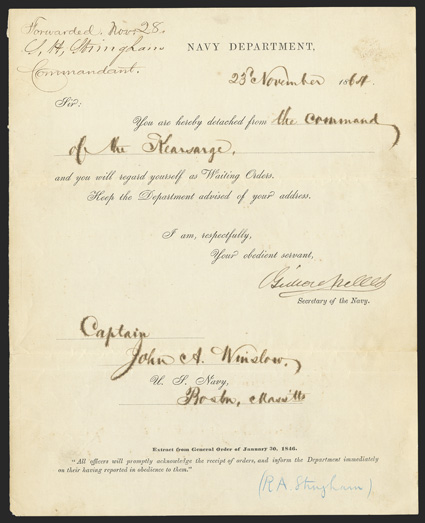 Welles, Gideon American public official (1802-78), serving as Secretary of the Navy under Abraham Lincoln led the vital effort to blockade the vast Southern coastline. Very
important partly printed Document Signed Gideon Welles as Secret