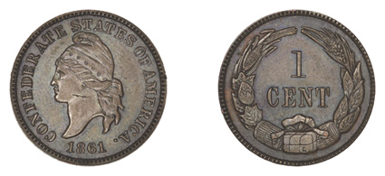 1861 (i.e. 1874) Haseltine Confederate Cent Restrike. NGC PR61 Brown. Breen-8008. Mintage: 55. Copper - 3.7gms. While the original four Confederate half dollars are by a large
margin the most valuable numismatic relics of the Confederacy, , it is