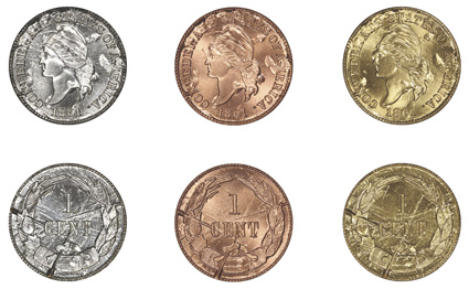 1861 (i.e. 1962) Bashlow Confederate Cent Restrikes. Superb Gem. 1) Silver. Breen-8011. Mintage: 5,000. 2) Bronze. Breen-8013. Mintage: 20,000. 3) Goldine. Breen-8014. Mintage:
5,000. A popular set of restrikes that was produced in the early 1960