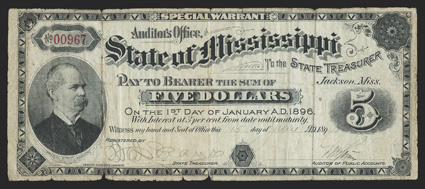 MS. Jackson. State of Mississippi. $5. June 15, 1894. (Cr. 64.) Governor John Stone at left. Decorative Dies around edges. Imprint St. Louis Bank Note Company. This Very Good
example is a true rarity simply due to not having been ca