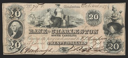 SC. Charleston. Bank of Charleston. $20. Oct. 4, 1859. (SC-10 G20b. Sheheen 79.) No. 74. Agriculture and Commerce seated amid bales, ships and canal, behind, at top. Washington
in oval, left. Indian maiden as America, right. Reddish Bro