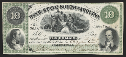 SC. Charleston. Bank of the State of South Carolina. $10. April 24, 1861. (SC-45, G60a. Sheheen 586). No. 5058. Green die counters, micro-lettering and small green Xs in boxes
in left end panel. Bust profile of Gen. Daniel Morgan, left.