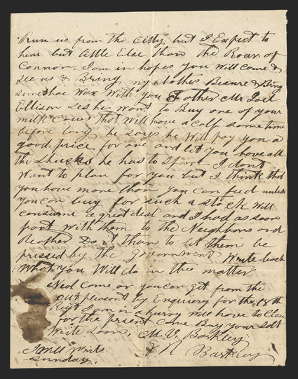 Fort Sumter: CSA Soldiers Letter Great ALS by M.V. Barkley, also signed by G.R. Barkley, both of the 18th SC Infantry, 2 pages, small 4to, Christ Church Parish, 4 miles from Mt.
pleasant, SC, October 30, 1863. They write their family tha