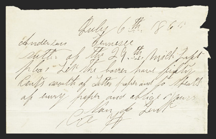 TN. Anderson. 29th Michigan Sutler Request. July 6, 1865. This is a three by five inch paper with an interesting request of Fifty Cents worth of letter paper and to(sic) sheets
of emry (sic) paper by someone in Company H that we are una