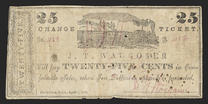 TN. Big Bottom. J. T. Waggoner. 25 Cents. April 1, 1863. No. 453. Decorative end panel at left. Steam train top center. Printed on plain white paper. Issued April 10, 1863
written and initialized on back in red. Fine, with 34 tear