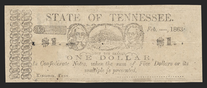 TN. Kingston. Unknown Merchant. $1. Feb. __, 1863. Unlisted. Building in oval at center. Washington left. ??? Right. Kingston is the county seat for Roane County, and actually
served as the state capital for one day in 1807, due in part