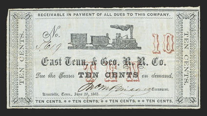 TN. Knoxville. East Tennessee and Georgia Railroad Co. 10 Cents. June 20, 1862. No. 5617. Garland 1372. Early Steam Engine at center. Red overprints of TEN at center, and 10 at
right. Printed on blue paper. The East Tenn & Ga RR
