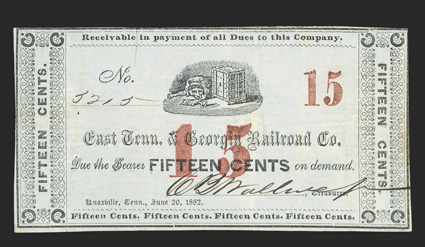 TN. Knoxville. East Tennessee and Georgia Railroad Co. 15 Cents. June 20, 1862. No. 5215. Garland 1374. Dog and Safe at top center. Red overprints of 15 at center and right.
Printed on blue paper. FVF, two pinholes at left. F