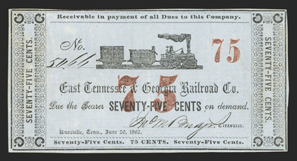 TN. Knoxville. East Tennessee and Georgia Railroad Co. 75 Cents. June 20, 1862. No. 5066. Garland 1380. Old Steam Engine at top center. Red overprints of 75 at center and upper
right. Very Fine, two pinholes. From The Joe C. C