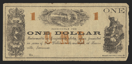 TN. Knoxville. Merchant Remainder Scrip.  $1. Woman with hat and feather at left. Oval with Steam Train at top center. Indian Maiden and Ceres at right. Orange-Red overprint of
ONE at center and 1 at left and right. Imprint of Mas