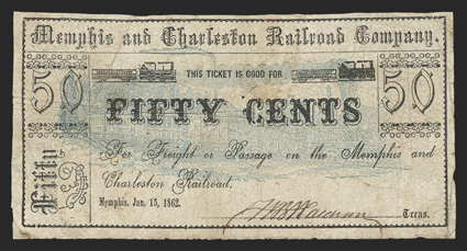 TN. Memphis. Memphis and Charleston Railroad Company. 50 Cents. Jan. 15, 1862. (Sheheen-656). Blue overprint of train across face. Two small trains with passenger car, left and
right, directly underneath title. Two light paper skins on