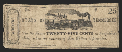 TN. Smithville (Cherry Valley). Unknown Issuer. 25 Cents. January 1863. Plate D. Decorative end panel left. Steam train at center. We are unable to ascertain the issuer or
serial number on this VGF example of scrip. From The Joe
