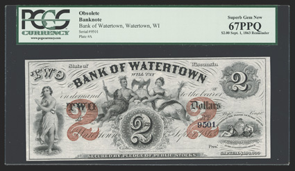 WI. Watertown. Bank of Watertown. $2. Sept. 1, 1863. (WI-825 G4a). No. 9501. This Deuce from TCC on this Wisconsin bank also features double red denomination overprints. Indian
brave and Persephone flank globe with eagle atop, geometric