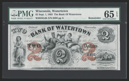 WI. Watertown. Bank of Watertown. $2. Sep. 1, 1863. No. 9492. (WI-825, G4b.) Maiden at left. Indian and Maiden with Eagle at top center. Two sailors sitting with State shield
at bottom right. Two Red 2 overprints at each side. PMG