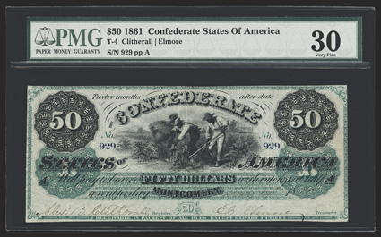 T-4. $50. 1861. Cr. 4, PF-1. No. 929, Plate A. Slaves hoeing cotton. Signed by Clitherall and Elmore. 1,606 were issued. This is a Plate 2 example, as the first 607 (Plate 1s)
were printed on the same sheet as the Type 1, Type 2, and Type 3 no