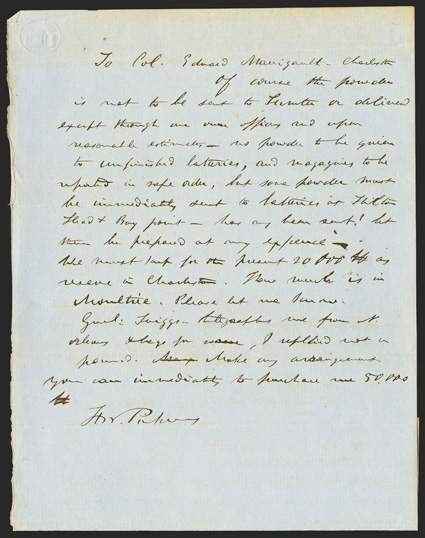 Fort Sumter: F.W. Pickens Good war content Autograph Letter Signed F.W. Pickens as governor, 34 page, legal folio, on blue paper, no place [probably Columbia], no date, but from
content definitely from 1861. He writes ordnance officer Col