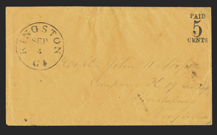 46XU1, Kingston, Ga., Paid 5 Cents, crisp handstamp on cover, with Kingston, Ga. Sep 4 (1861) c.d.s., military address in Lynchburg, Virginia, backflap rebacked, otherwise very
fine the Crown survey records only two examples of this postmas