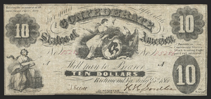 T-10. $10. 1861. Cr. 37, PF-20.  No. 85286. Plate A. Commerce at left. Liberty and American Eagle with shield, center. Small 10 at upper left. for is printed over Treasr at
lower right.  Fine.