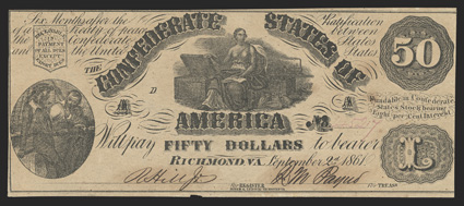 T-14. $50. 1861. Cr. 65, PF-4. No. 45217, Plate AD. Sailors at lower left. Moneta with treasure chest at top center. Paper has toned to a khaki color. About Uncirculated, with
some ink burn in the Treasurer signature, and a small notch out