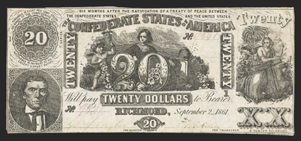 T-20. $20. 1861. Criswell Unlisted, PF-9. No. 9541. Plate 1. Alexander Stephens, left. Industry seated between Cupid and beehive, center. Hope with anchor, palm behind, right.
VG-F, cut cancelled. This is the rare variety that originally wa