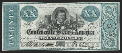 T-21. $20. 1861. Cr. 146 R2, PF-6. No. 2675. Plate W. Blue-green tint. Alexander Stephens, with barrel, cotton bales, farm implements. Printed on watermarked paper with CSA
printed in block letters. A nicely framed FVF example that has all