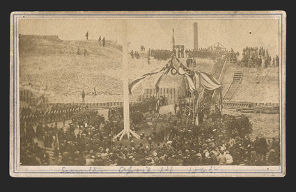 Fort Sumter: Reoccupation A great carte-de-visite Photograph of the United States flag being raised once more over Fort Sumter, dated in pencil on recto April 14, 1865, by R.C.
Foster of Morris Island, SC. Hundreds watch as Old Glory i