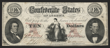 T-26. $10. 1861. Criswell Unlisted, PF-4. No. 9536. Plate Z. R.M.T. Hunter, left. Hope with anchor in the center. C. G. Memminger, right. Fine lace underprint. Printed on paper
watermarked CSA in block letters. Listed as a Rarity 10 in Fric