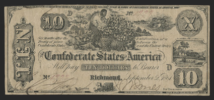 T-29. $10. 1861. Cr. 237, PF-1. No. 1977. Plate D. Slave picking cotton at top center. Canal scene at right. A lovely Fine example that just misses being fully framed by the
upper left corner cut.