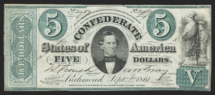 T-33. $5. 1861. Cr. 250Ba, PF-1. No. 2989. Plate J. C. G. Memminger, center. Minerva, right. Printed on plain paper with a blue-green overprint. VGF, cut
cancelled.