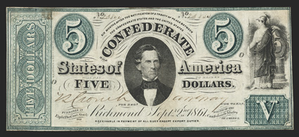 T-33. $5. 1861. Cr. 254a, PF-12. No. 23854. Plate O. C. G. Memminger in the center. Minerva, right. Plain paper. Blue-green. Fine, with three pinholes and some light staining
on back.