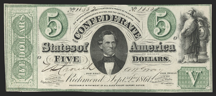 T-33. $5. 1861. Cr. 257B, PF-19. No. 16562. Plate O. C.G. Memminger, center. MInerva, right. Imprint of Keatinge & Ball at left facing in. Printed on paper watermarked FIVE.
Great color on this lighter green tint example. Very Fine, CC.