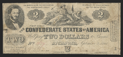 T-38. $2. 1861. Cr. 286, PF-1. No. 1639. Plate 1. Judah P. Benjamin, left. The South striking down the Union, center. Very Good, with tape repairs noted on back to close
internal tears and at right edge.